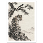 Tiger seated on a rocky ledge beneath a magpie on a pine branch, with pale mountains against a warm cream background.