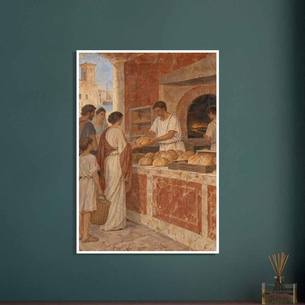 Baker handing bread to a woman beside waiting customers, with loaves on a counter and a brick oven behind.