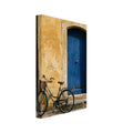 Green bicycle with a woven basket beside a blue wooden door in a golden plaster wall, above worn stone paving.