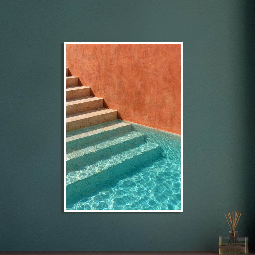 Stone steps descending into turquoise pool water beside a terracotta wall, with sunlight rippling across submerged stairs.