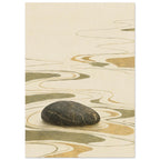 Dark rounded stone surrounded by flowing olive and ochre ripple lines and shapes on a textured cream background.