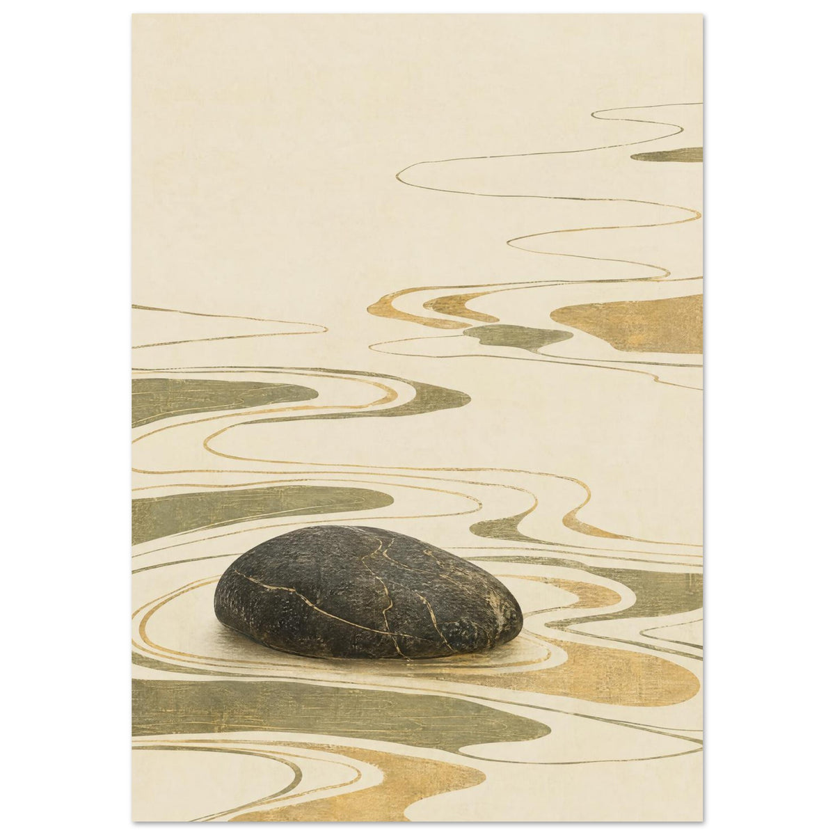 Dark rounded stone surrounded by flowing olive and ochre ripple lines and shapes on a textured cream background.