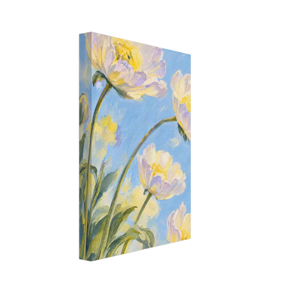 Cream flowers with lilac shadows and yellow centres on curved green stems against a painterly light blue background.