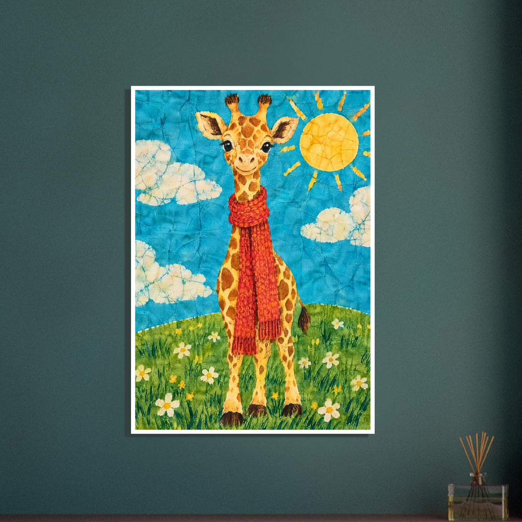 Vänlig gul giraff med lång halsduk på en grön kulle under turkos himmel.