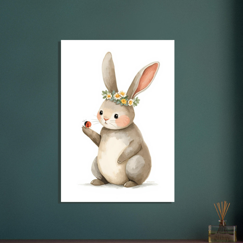 Beige bunny wearing a white and yellow flower crown, holding a red ladybird on its raised paw against a white background.