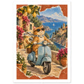 Ginger cat in sunglasses and a scarf on a blue scooter, surrounded by lemons and flowers above a coastal village and sea.