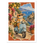 Ginger cat in sunglasses and a scarf on a blue scooter, surrounded by lemons and flowers above a coastal village and sea.