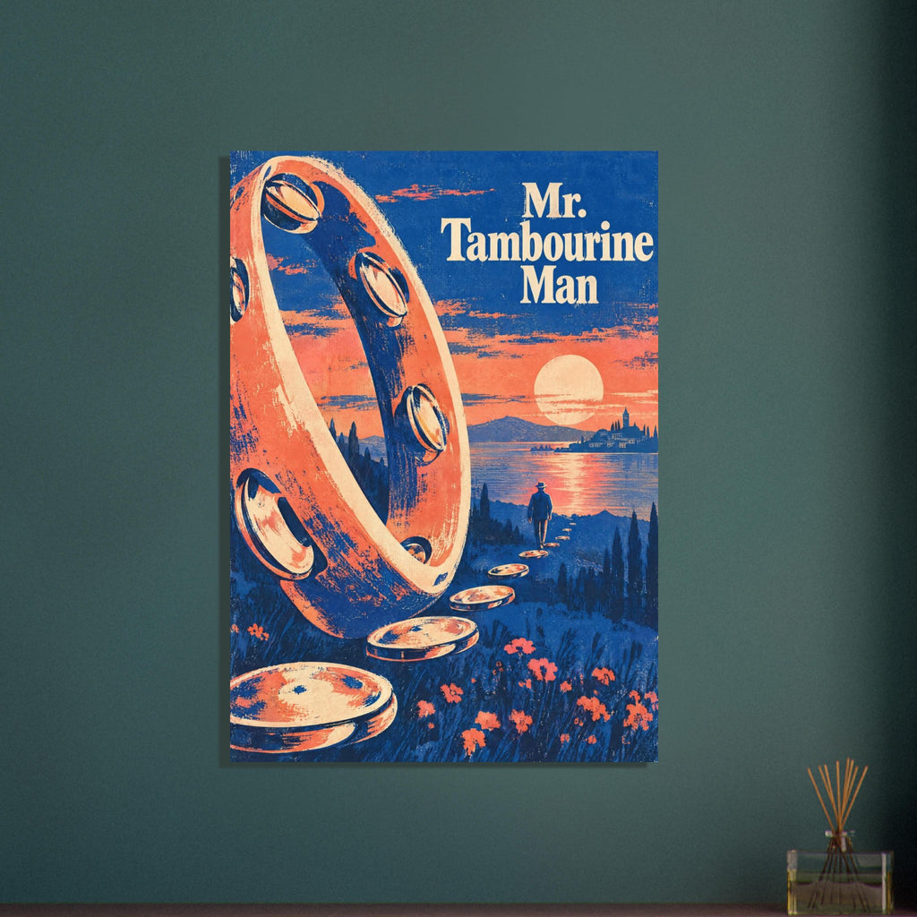 Giant tambourine beside a path of smaller tambourines, a lone figure and sunset water, with Mr. Tambourine Man text.