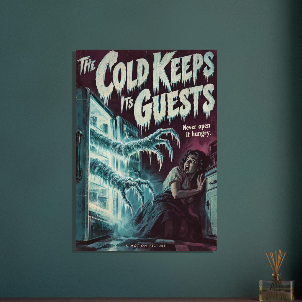 Icy monster claws reach from an open fridge towards a terrified woman beneath ‘The Cold Keeps Its Guests’ lettering.