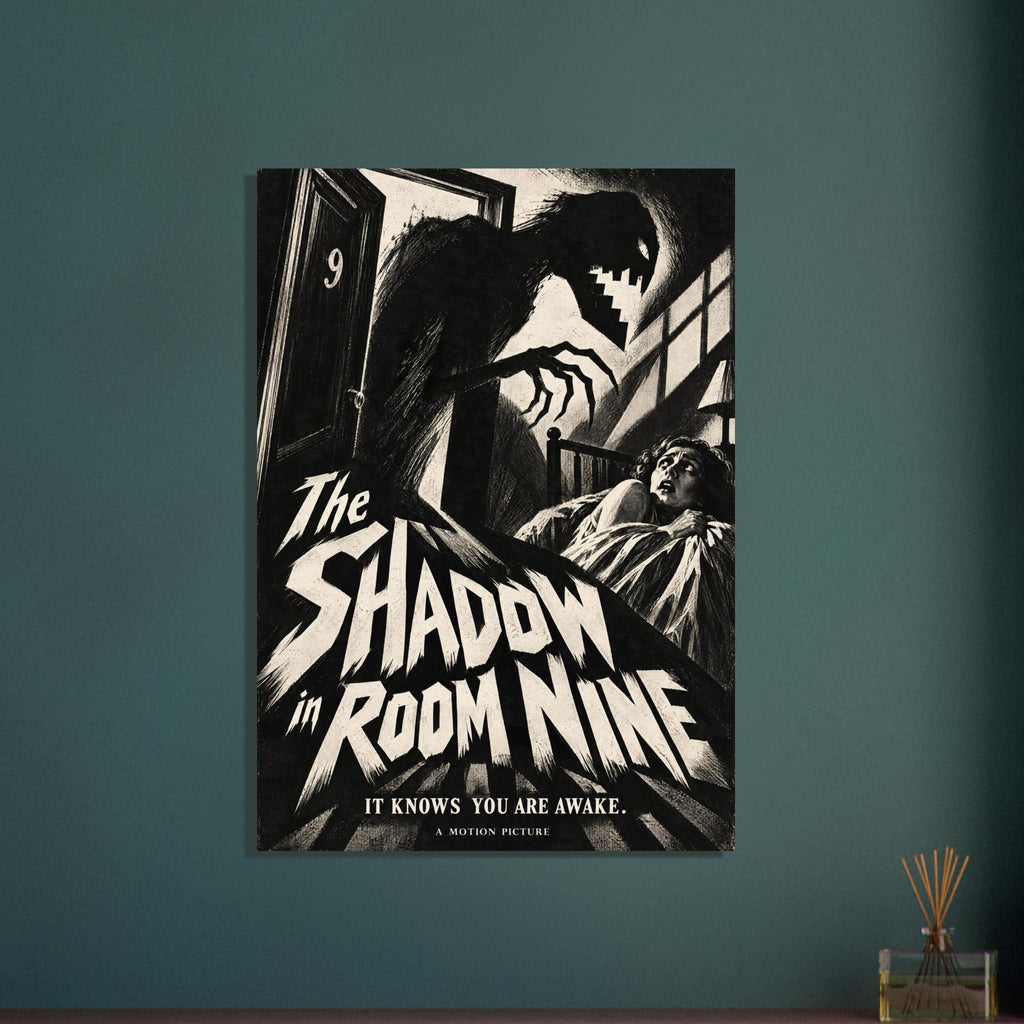 Clawed shadow monster looms over a frightened person in bed above jagged lettering reading ‘The Shadow in Room Nine’.