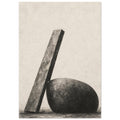 Tall rectangular form leaning against a rounded dark shape, drawn with textured charcoal shading on a cream background.
