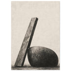 Tall rectangular form leaning against a rounded dark shape, drawn with textured charcoal shading on a cream background.