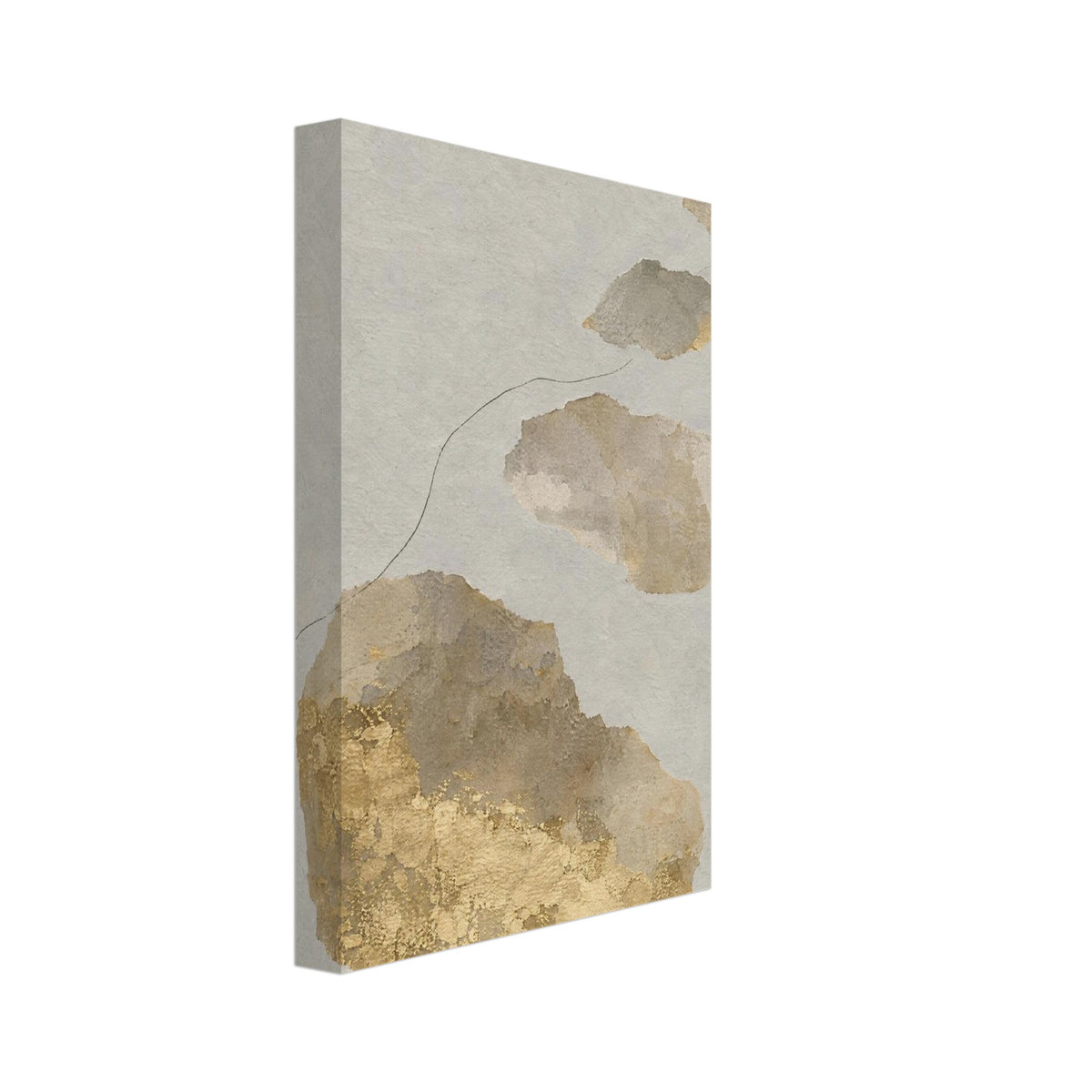 Irregular beige, grey and gold-coloured shapes ascend a pale textured background, with a fine dark line curving between them.