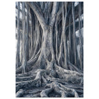 Banyan tree with intertwined trunks, hanging aerial roots and thick spreading roots in muted blue-grey tones.
