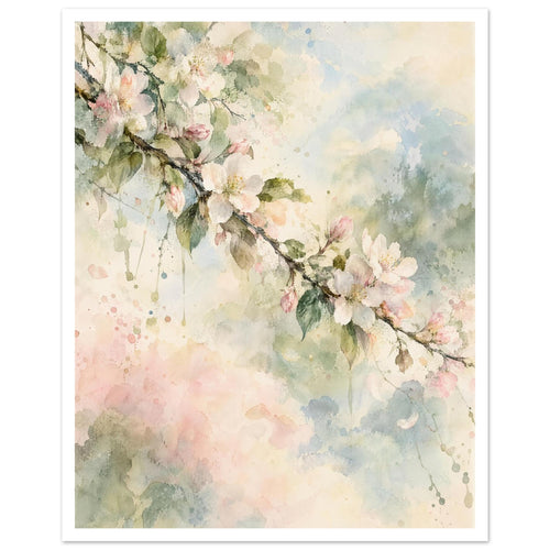 Flowering branch with pale pink and white blossom and green leaves against soft cream, blue and pink watercolour washes.
