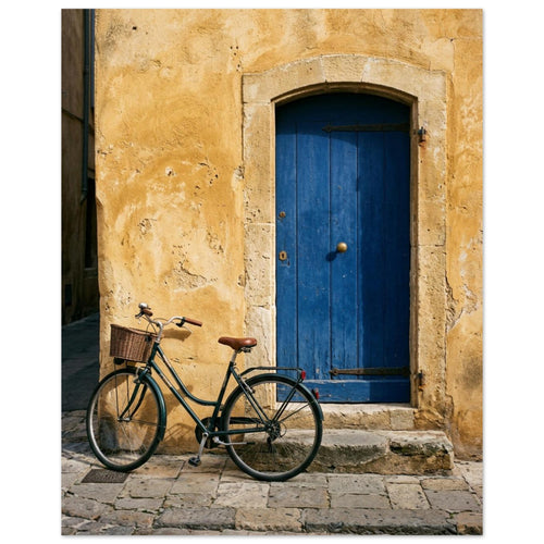 Green bicycle with a woven basket beside a blue wooden door in a golden plaster wall, above worn stone paving.