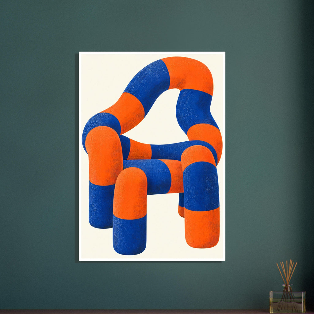 Sculptural chair made of rounded blue and orange sections with mottled texture against a cream background.