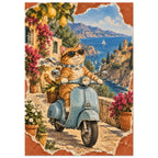 Ginger cat in sunglasses and a scarf on a blue scooter, with lemons, flowers, coastal buildings and sailboats behind.