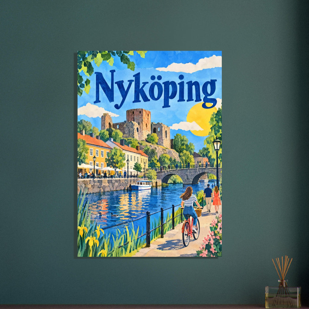 Nyköping med Nyköpingshus, Nyköpingsån, fotgängare och en cykel i färgstarka pappersformer.