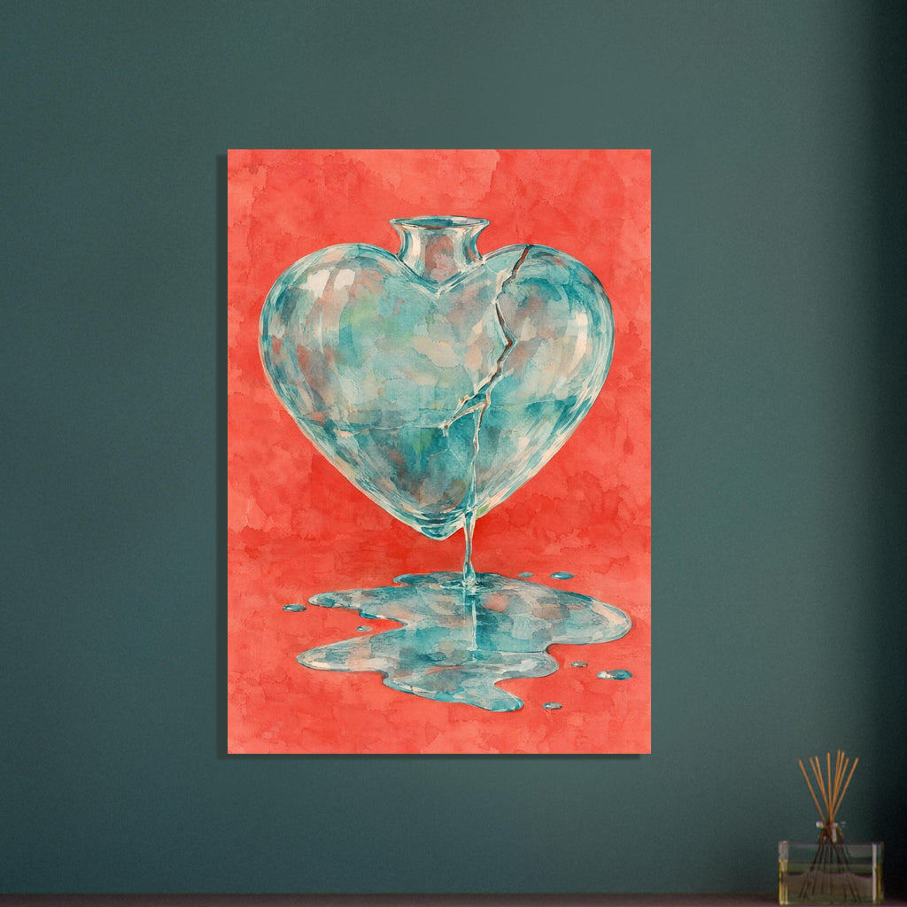 Cracked turquoise heart-shaped glass vase spilling liquid into a pool against a textured coral background.