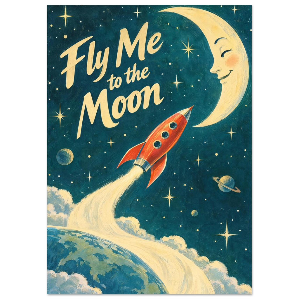 Fly Me to the Moon lettering beside a smiling yellow crescent, with a red rocket rising above Earth through a teal sky.