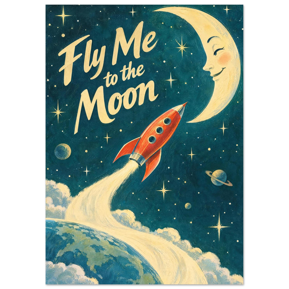 Fly Me to the Moon lettering beside a smiling yellow crescent, with a red rocket rising above Earth through a teal sky.
