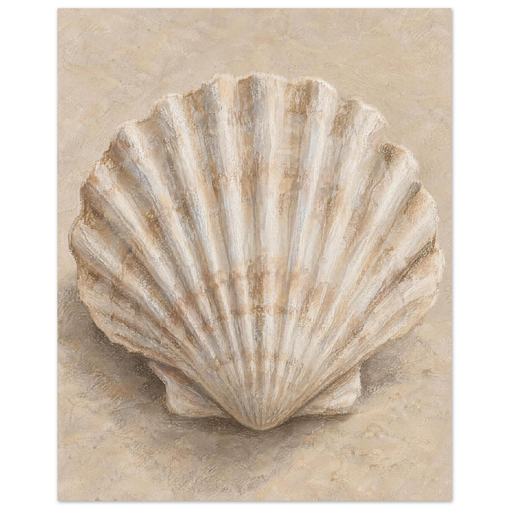 Fan-shaped scallop shell with cream ridges and brown shading on a softly textured beige background.