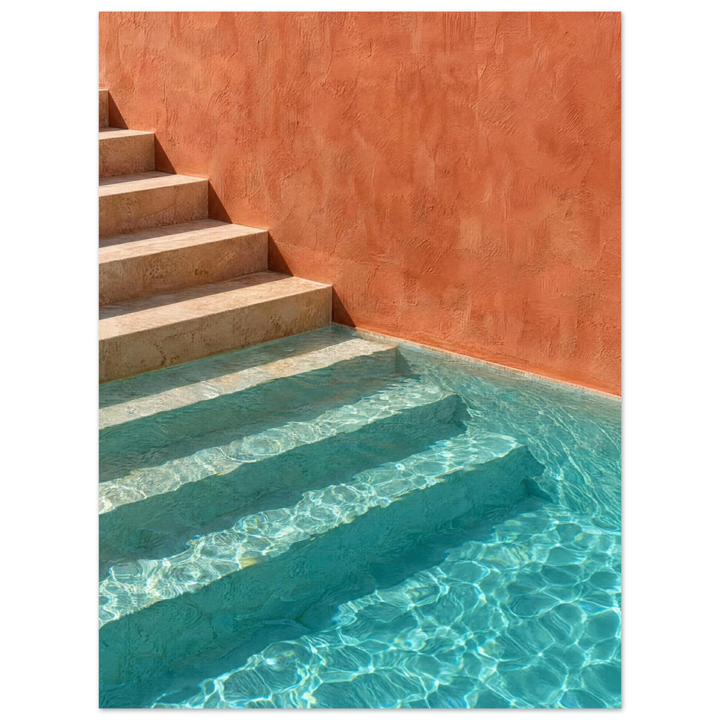 Stone steps descending into turquoise pool water beside a terracotta wall, with sunlight rippling across submerged stairs.