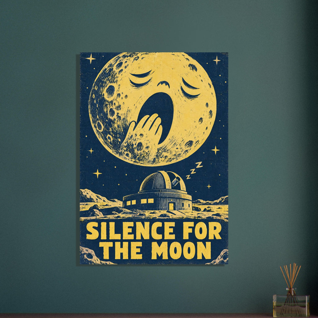 Yawning yellow moon above an observatory, with stars and ‘Silence for the Moon’ lettering on a distressed navy background.