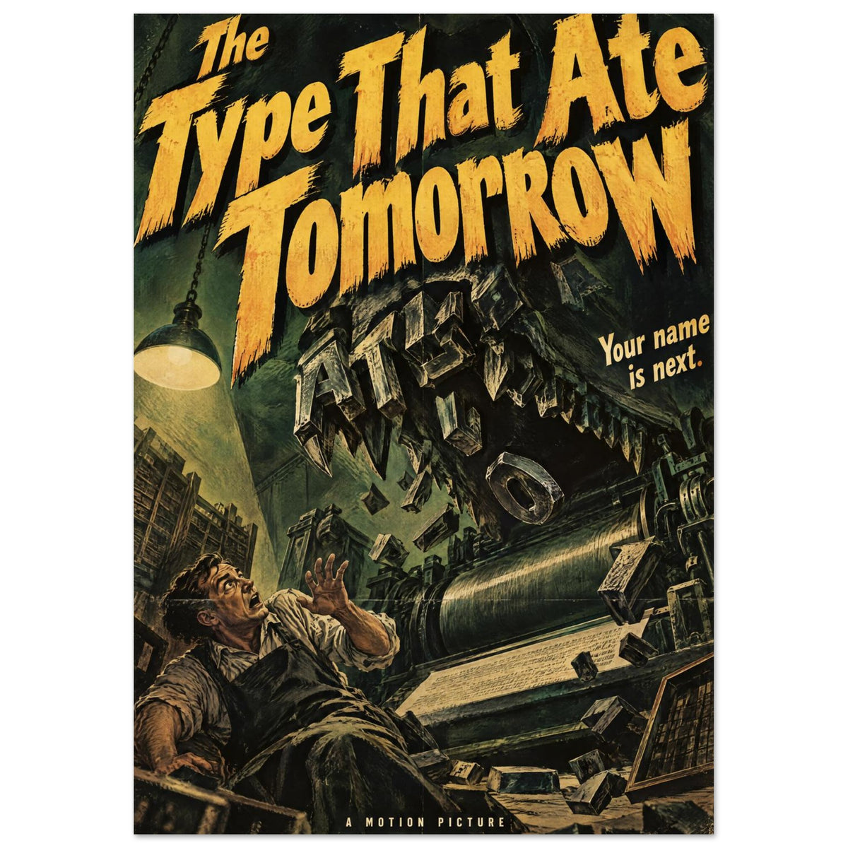 Monstrous printing press looms over a frightened man beneath yellow lettering reading ‘The Type That Ate Tomorrow’.