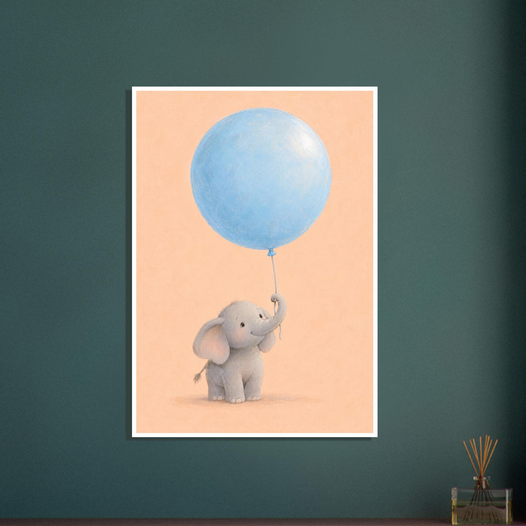 Smiling grey baby elephant holding an oversized pale blue balloon with its raised trunk against a peach background.