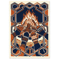 Four gloved and mittened hands held towards a bonfire, in navy, rust and cream with an interlocking geometric border.