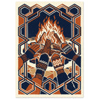 Four gloved and mittened hands held towards a bonfire, in navy, rust and cream with an interlocking geometric border.