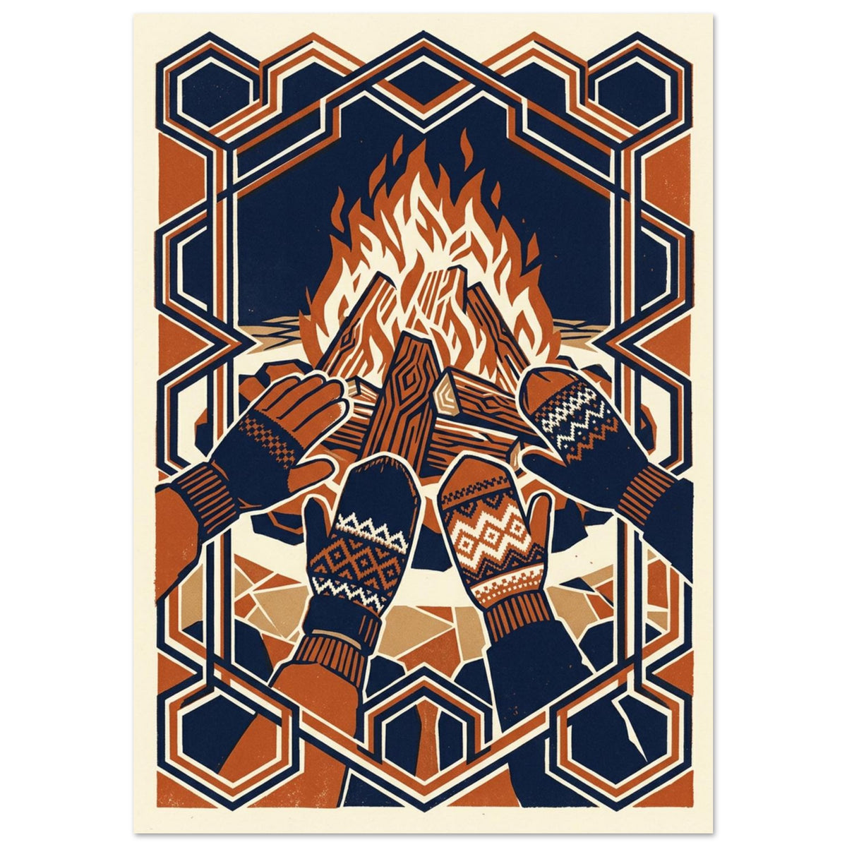 Four gloved and mittened hands held towards a bonfire, in navy, rust and cream with an interlocking geometric border.