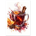 Steaming glass mug of red mulled wine with orange slices, cinnamon sticks and star anise, painted in watercolour.