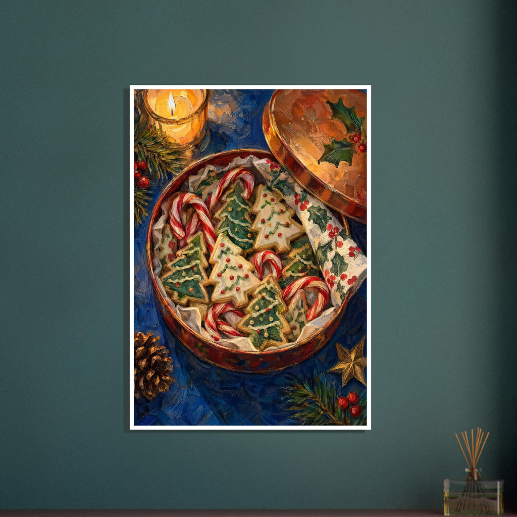 Open tin of iced Christmas tree biscuits and candy canes, with a candle, holly, pine cone and gold star on blue.