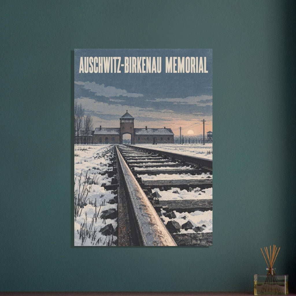 Snow-covered railway tracks lead to the Auschwitz-Birkenau gatehouse beneath memorial lettering and a blue-grey sky.