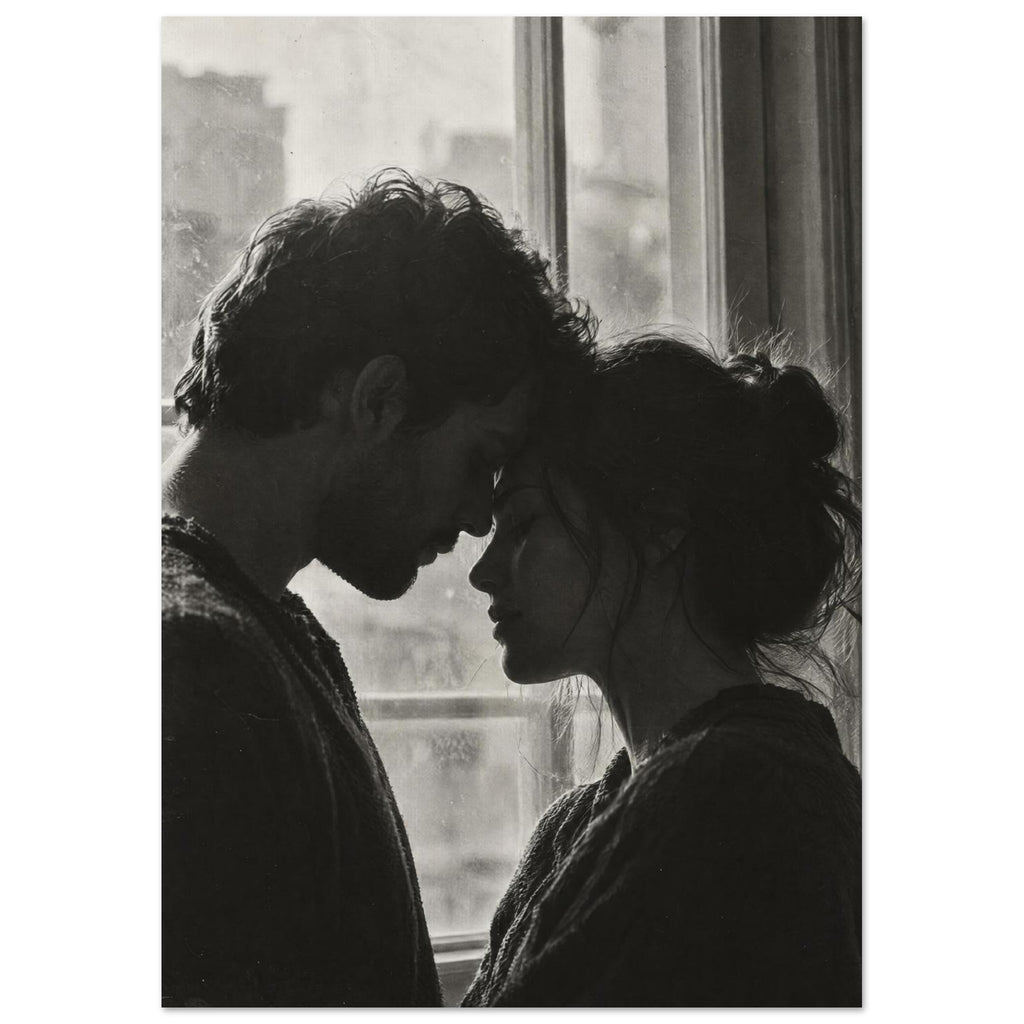 Black and white photograph of a couple touching foreheads beside a window, their profiles softly outlined by daylight.