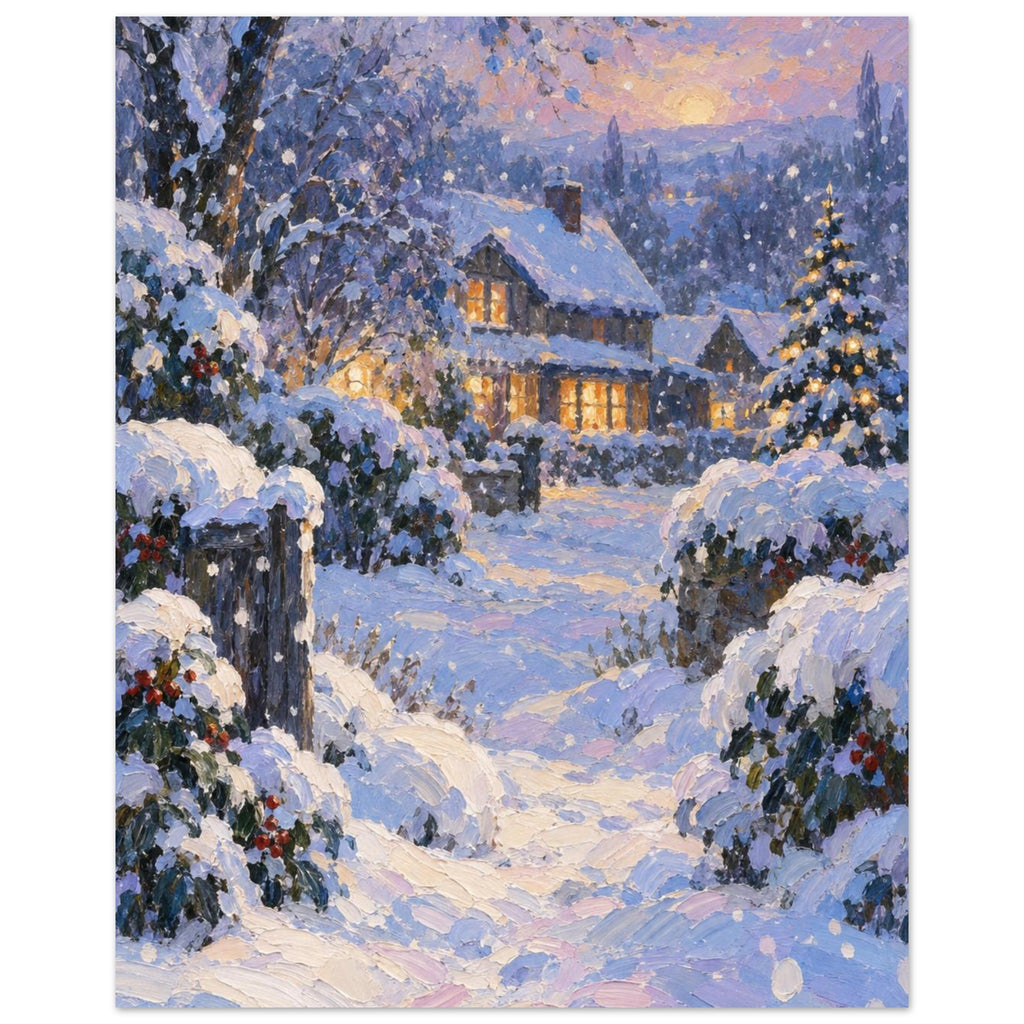 Snowfall Before Supper shows a timber house with amber windows beyond blue and lavender snowdrifts, rendered in broad, thick 
