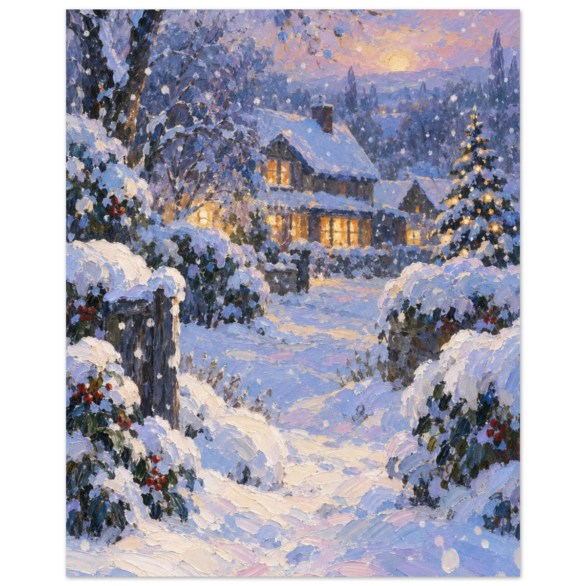 Snowfall Before Supper shows a timber house with amber windows beyond blue and lavender snowdrifts, rendered in broad, thick 