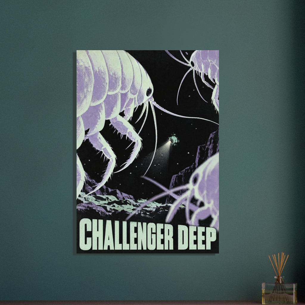 Giant mint and lilac crustaceans surround a small submersible above a rocky seabed, with Challenger Deep lettering below.