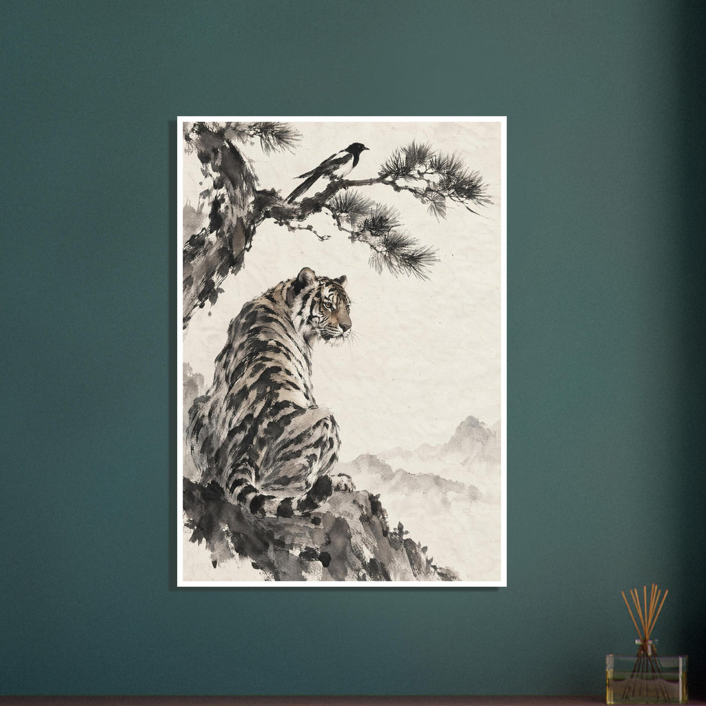 Tiger seated on a rocky ledge beneath a magpie on a pine branch, with pale mountains against a warm cream background.