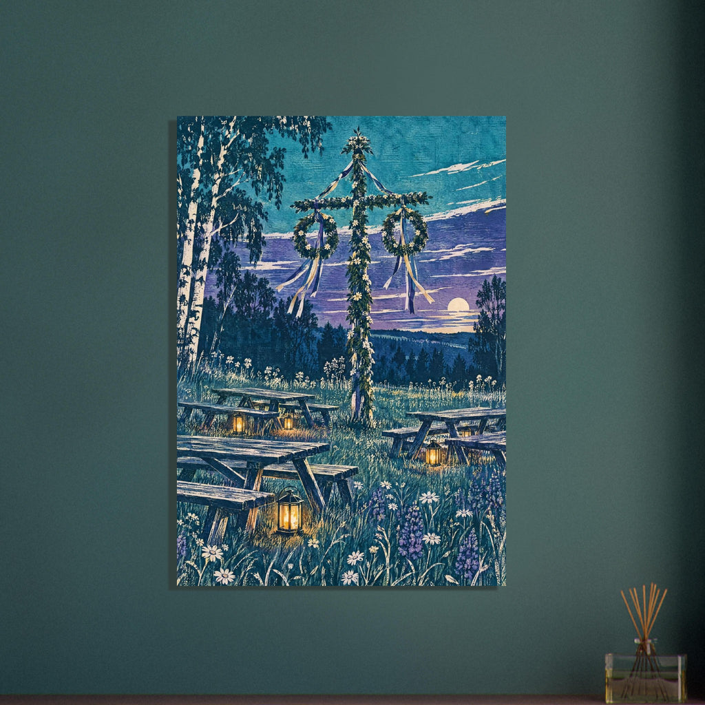 Midsummer pole with floral wreaths and ribbons among picnic tables, lanterns and wildflowers beneath a blue-purple sky.