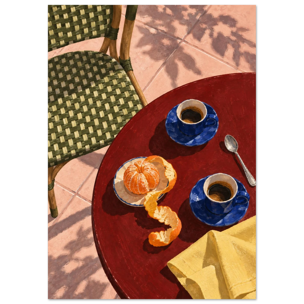Two blue coffee cups, a peeled orange, spoon and yellow cloth on a red table beside a green woven chair and pink tiles.