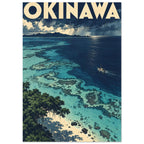 Okinawa travel poster with turquoise reefs, navy sea, a small boat, sandy shore and storm clouds beneath cream lettering.