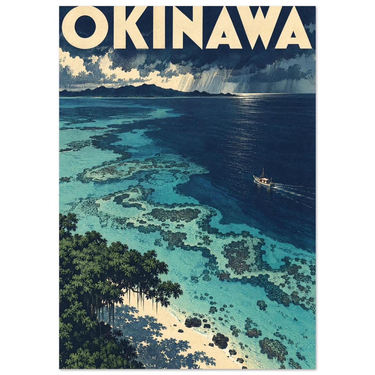 Okinawa travel poster with turquoise reefs, navy sea, a small boat, sandy shore and storm clouds beneath cream lettering.