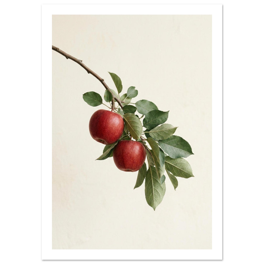 Two red apples hanging from a diagonal brown branch with green leaves against a soft cream background.