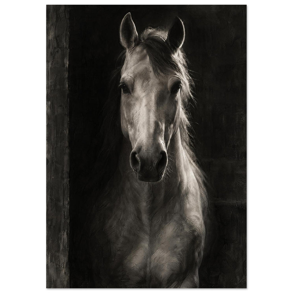 Horse in Half-Light, a frontal horse portrait emerging from a dark doorway with light tracing one ear and its mane.