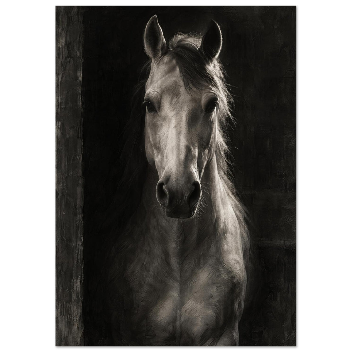 Horse in Half-Light, a frontal horse portrait emerging from a dark doorway with light tracing one ear and its mane.