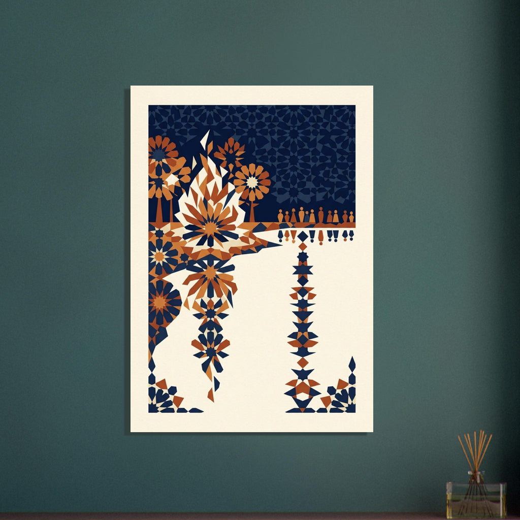 Geometric lakeside bonfire with small figures, starburst shapes and angular reflections in navy, orange and cream.